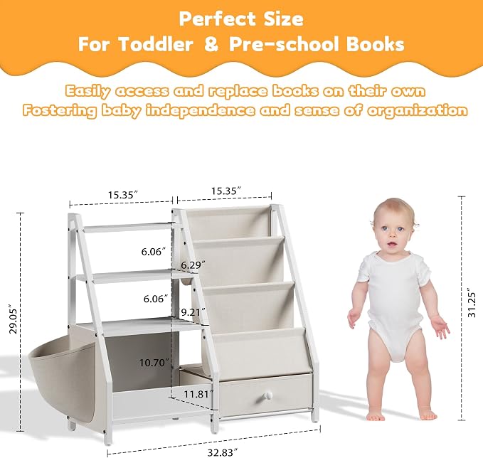 Kids Bookshelf and Toy Storage Organizer, Kids Bookcase Montessori 3 Tier Baby - Image 8