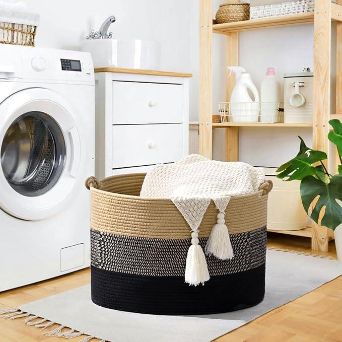 67L Large Blanket Basket, Cotton Rope Blanket Basket Living Room, Baby Laundry - Image 4