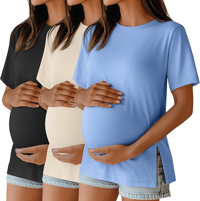 Ficerd 3 Pack Women's Maternity T Shirts, Short Sleeve Side Split Pregnancy by Ficerd