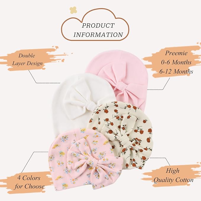 Bamery Newborn Baby Girl Hat Cotton Baby Bow Beanie Preemie Hats Spring Infant - Image 2