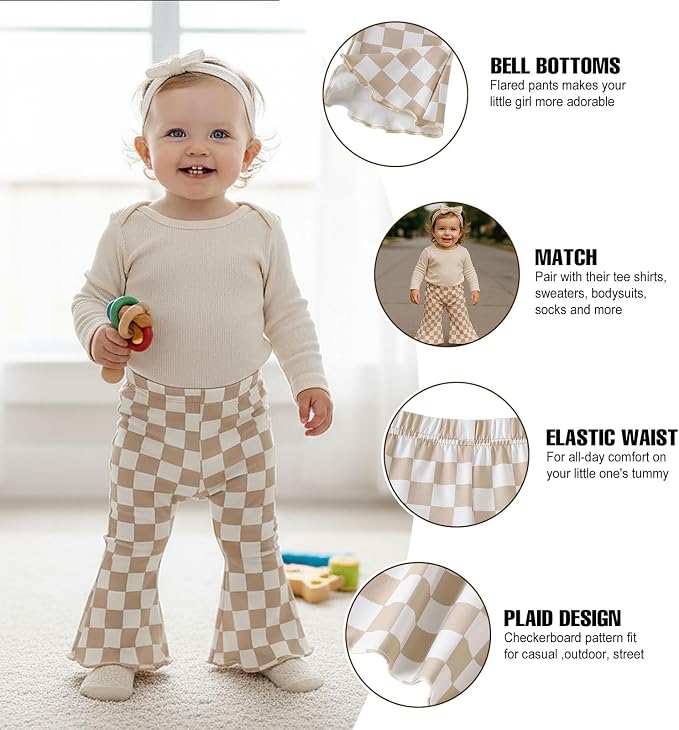 SOBOWO Checkered Baby Girl Flare Pants 3 Pack Toddler Bell Bottoms Plaid Ruffle - Image 3