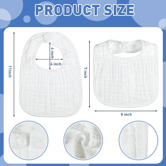 Reginary 30 Pack White Muslin Baby Bibs Bulk Adjustable 6 Layers Baby Bandana - Image 2