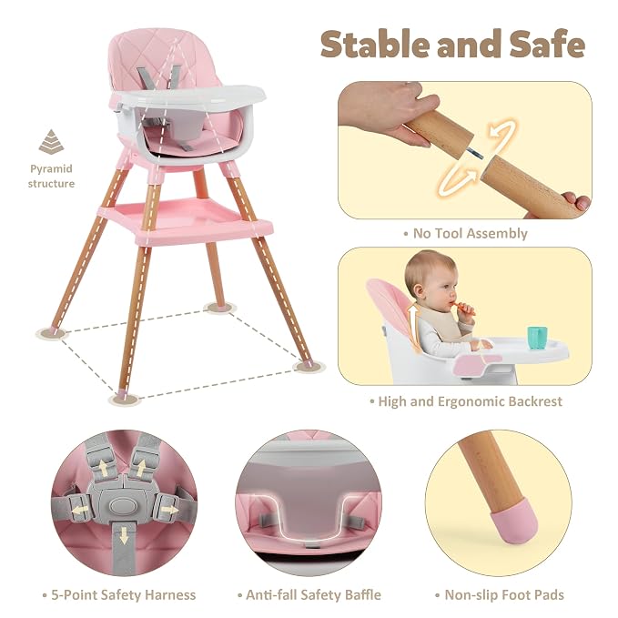 8 in 1 Wooden High Chairs for Babies Toddlers, Convertible to Booster Seat - Image 5