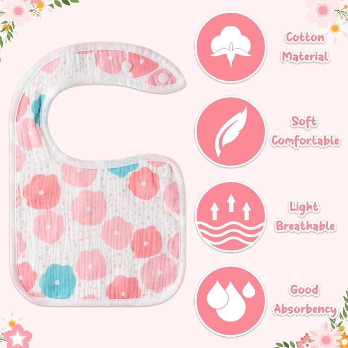 Zainpe 6Pcs Snap Muslin Cotton Baby Bibs Flowers Strawberry Patterns Infants - Image 3