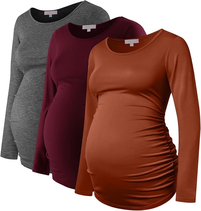 Bhome Women's Maternity Shirts 3 Packs Long Sleeve Pregnancy Tops Basic Side by Bhome