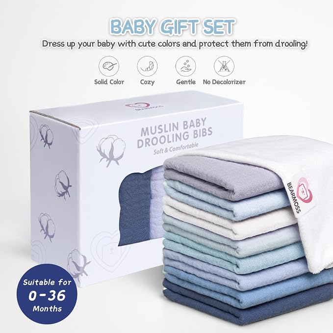 Bearmoss Muslin Baby Drooling Bibs 8 Pack, 100% Cotton Square Adjustable - Image 7