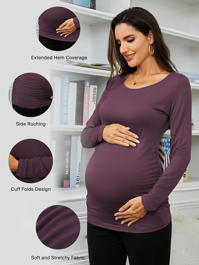 Ecavus Women's Maternity Shirts Long Sleeve Soft Stretchy Pregnancy Tops Side - Image 3