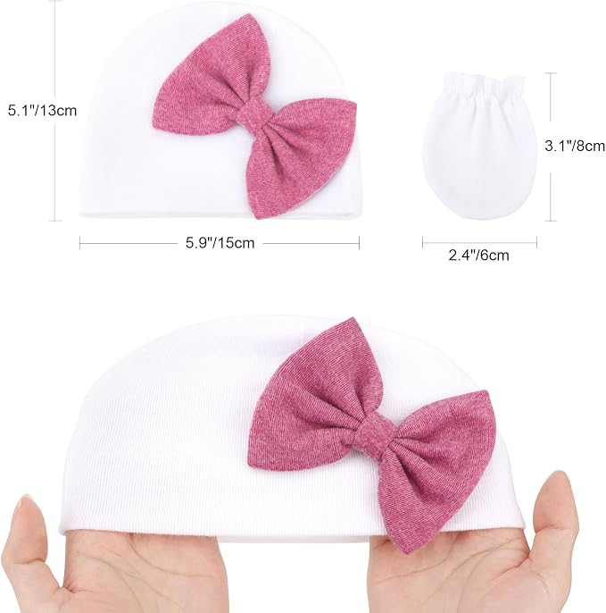 BQUBO Newborn Baby Girls Hats Mittens Set Hospital Hat Beanie Infant Bow Hats - Image 7