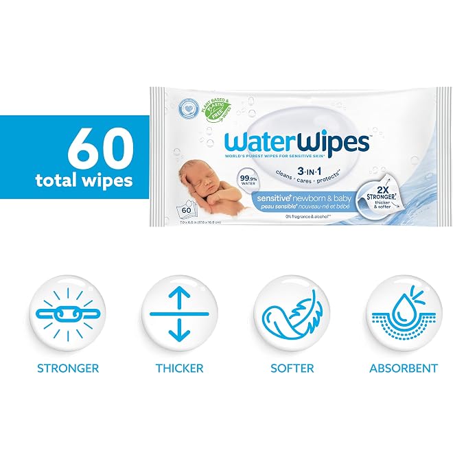 WaterWipes Sensitive+ Newborn & Baby Wipes, 3-In-1 Cleans, 99.9% Water - Image 2