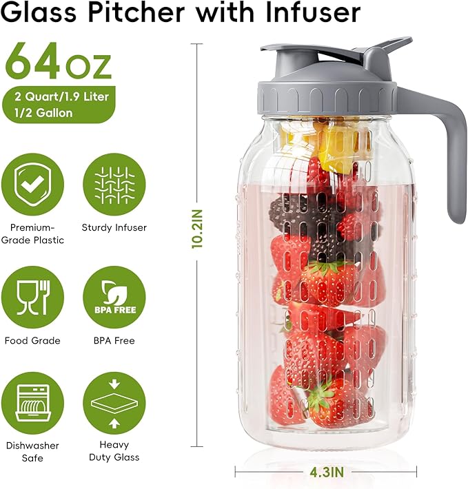 Fruit Infuser Water Pitcher, Glass Mason Jar Pitcher, 64oz Wide Mouth Jug - Image 2