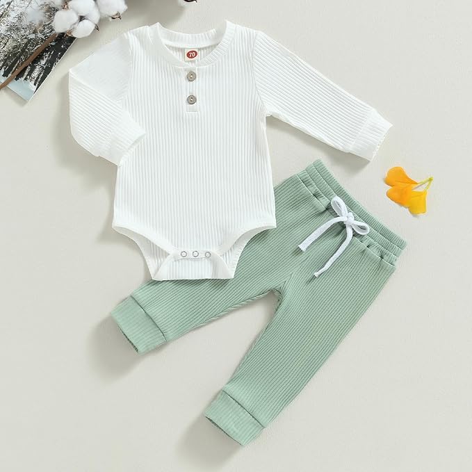 Newborn Baby Boy Girl Clothes Ribbed Knitted Long Sleeve Romper Pants Solid - Image 2