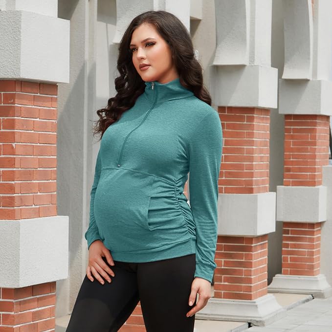 GINKANA Maternity Women's Long Sleeve Shirt Half Zipper Lapel Lightweight - Image 2