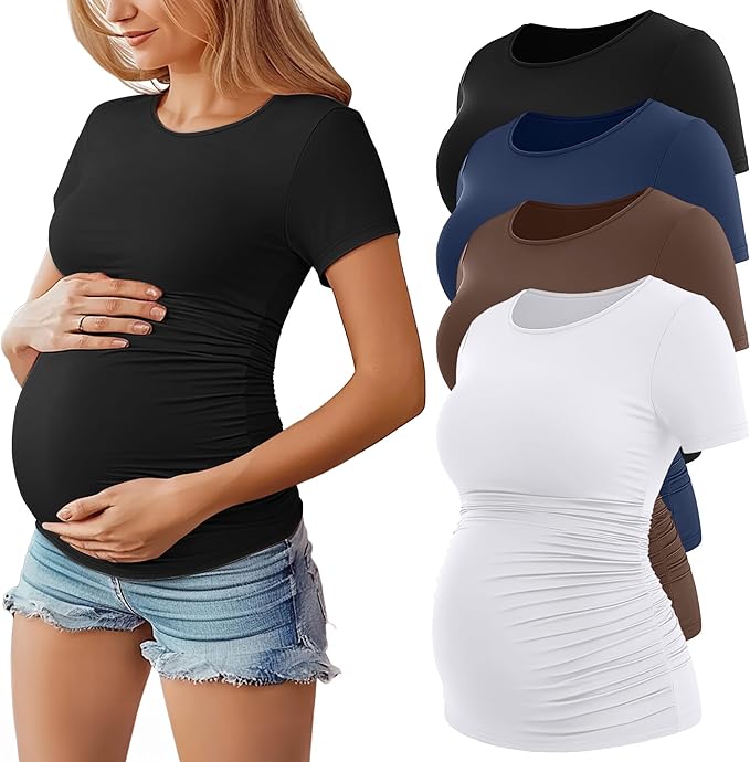 Huukeay 4 Pack Women's Maternity Shirts, Crew Neck Maternity Top Short Sleeve by Huukeay