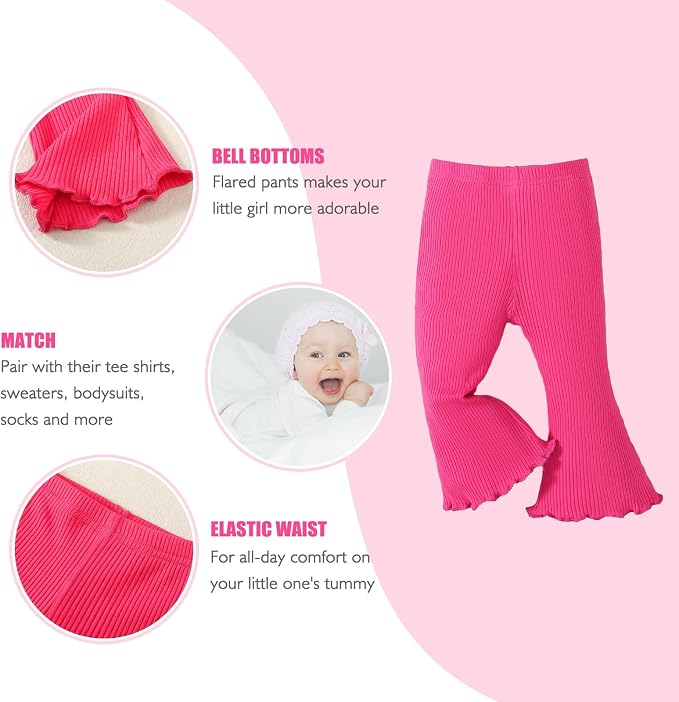 SOBOWO Baby Girl Flare Pants 3 Pack Toddler Solid Ribbed Ruffle Bell Bottoms - Image 2