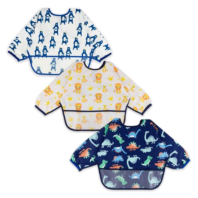 Baby Noah 3 Pack Long Sleeve Bib, Toddler Mess Free & Waterproof Shirt Bibs by Baby+Noah