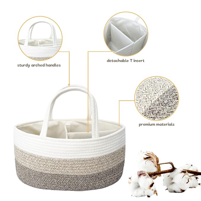 Baby Diaper Caddy Organizer, Large Cotton Rope Nursery Diaper Basket, Changing - Image 5