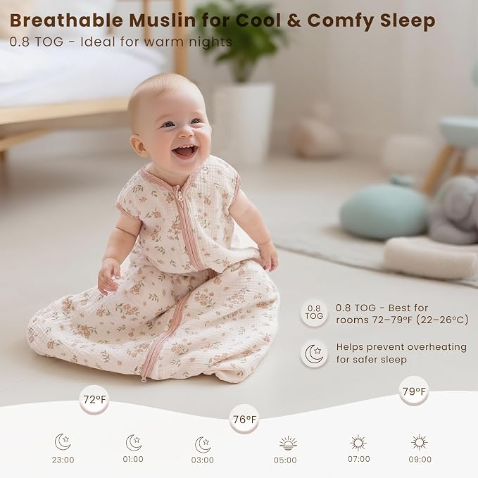Konssy Muslin Baby Sleep Sack 0-6 Months 0.8 TOG, 2 Pack 100% Cotton Wearable - Image 4