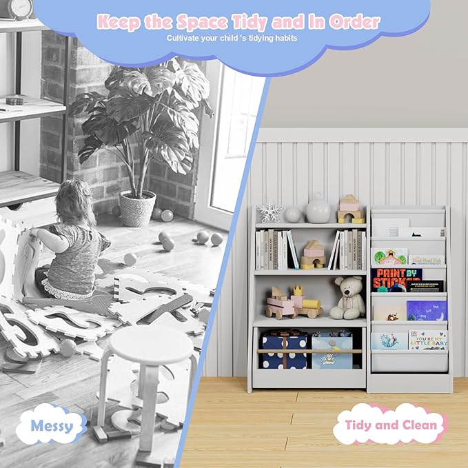 Kids Bookshelf with Toy Storage Organizer Movable Drawer, Toddler Bookcase 5 - Image 5