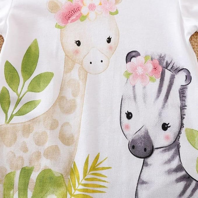 Cute Giraffe + Zebra With Floral Print Long Sleeve Baby Girl Clothes White - Image 5