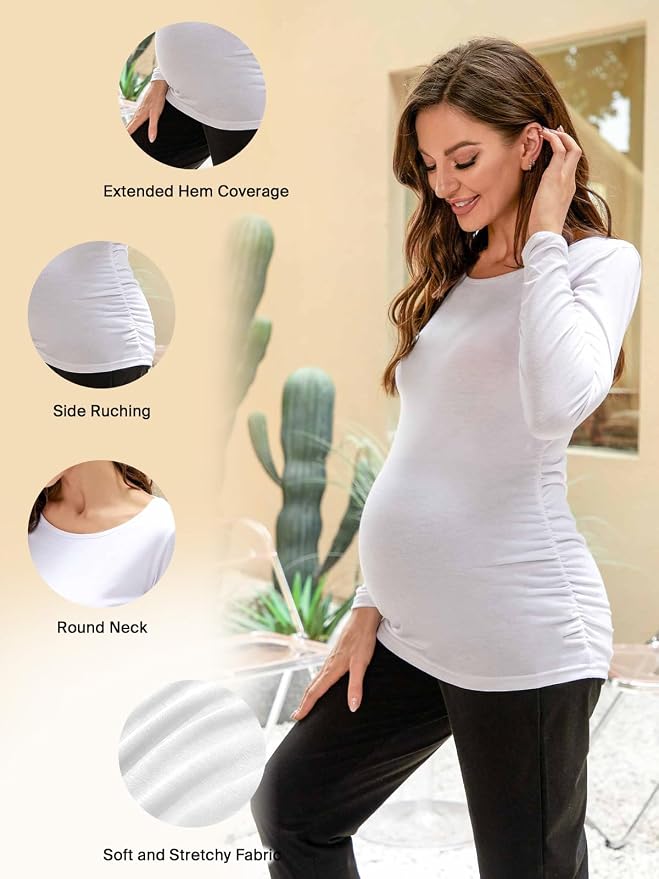 Ecavus Women's Maternity Shirts Long Sleeve Soft Stretchy Pregnancy Tops Side - Image 2