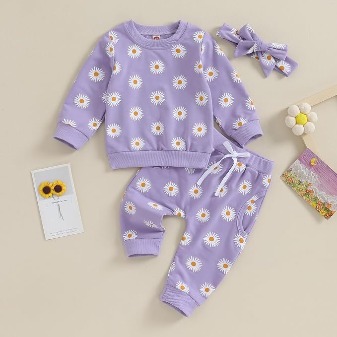 3Pcs Baby Girl Outfits Daisy Sweatshirt + Pants + Headband Infant Fall Winter - Image 6