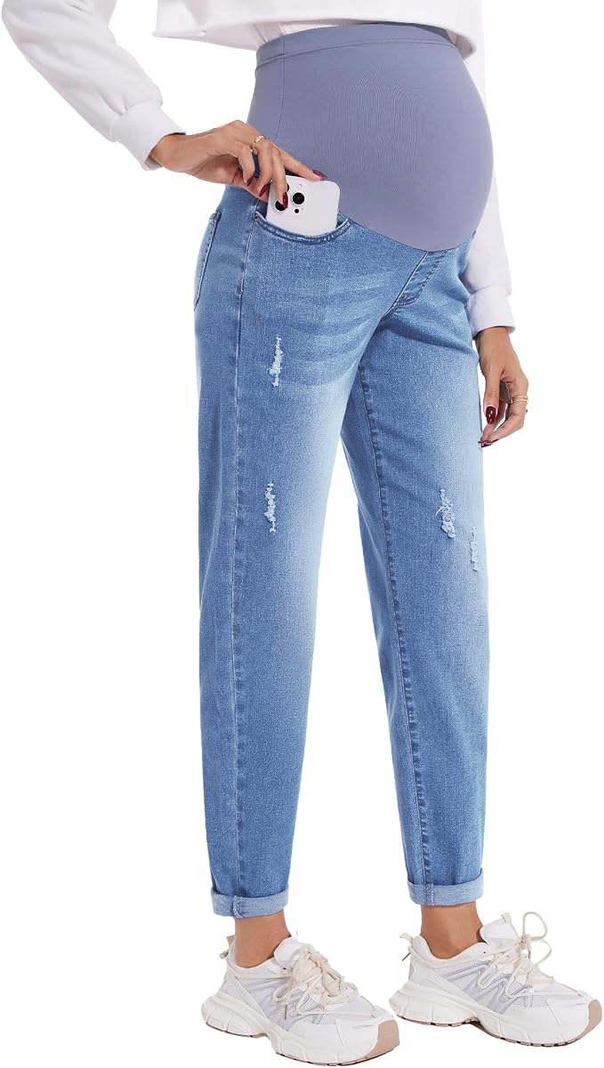 POSHGLAM Women's Maternity Jeans Over Belly Comfy Stretch 28'' Boyfriend Jeans by POSHGLAM