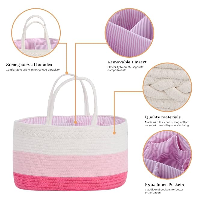 Baby Diaper Caddy Organizer, Extra Large Cotton Rope Nursery Diaper Basket - Image 4