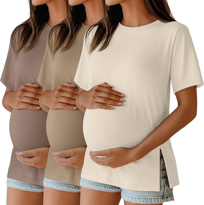 Ficerd 3 Pack Women's Maternity T Shirts, Short Sleeve Side Split Pregnancy by Ficerd