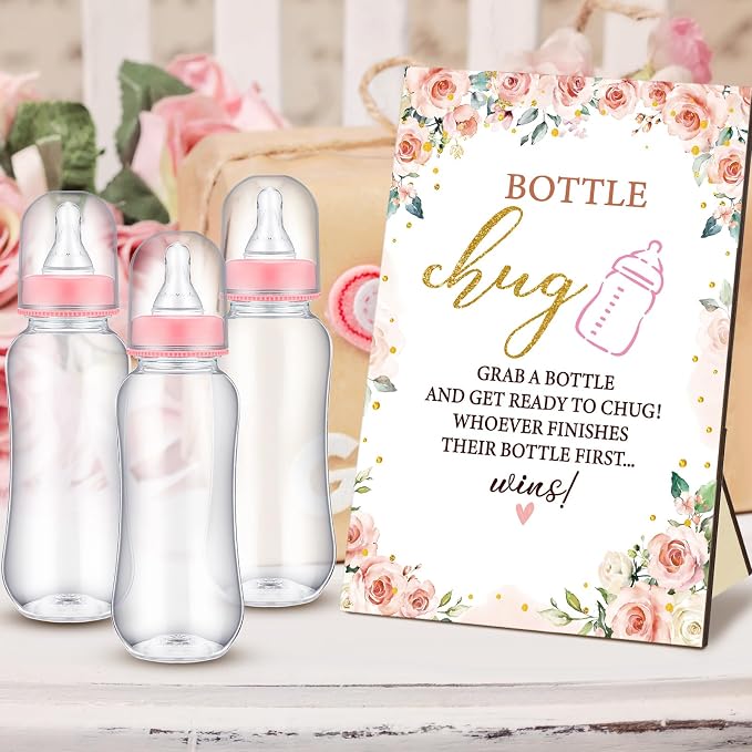 TrelaCo Floral Cool Baby Shower Games Bottle Chug Sign Wooden Floral Gift Sets - Image 4