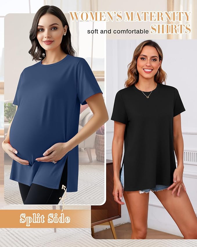 Ficerd 3 Pack Women's Maternity T Shirts, Short Sleeve Side Split Pregnancy - Image 2