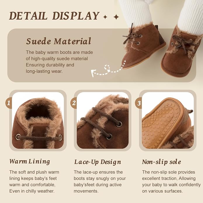 Baby Unisex Warm Snow Boots Newborn Leather Fur Lace Up Ankle Anti-Slip Rubber - Image 3