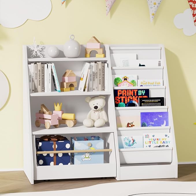 Kids Bookshelf with Toy Storage Organizer Movable Drawer, Toddler Bookcase 5 - Image 2