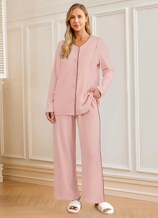 OUGES 100% Cotton Women's Maternity Nursing Pajamas Sets Button Down - Image 5