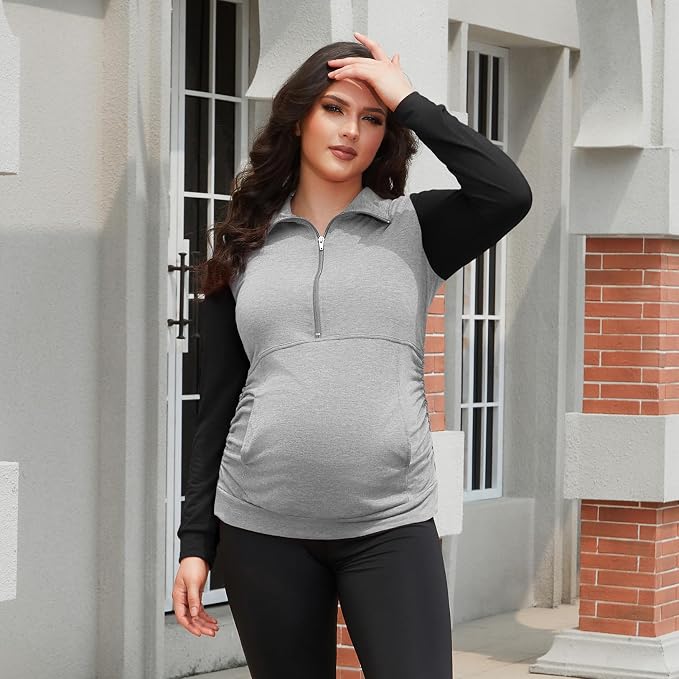 GINKANA Maternity Women's Long Sleeve Shirt Half Zipper Lapel Lightweight - Image 4