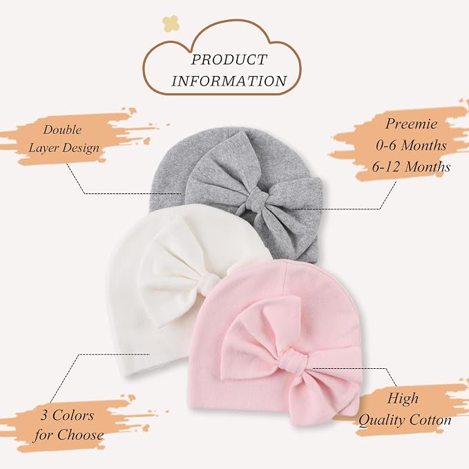 Bamery Newborn Baby Girl Hat Cotton Baby Bow Beanie Preemie Hats Spring Infant - Image 2