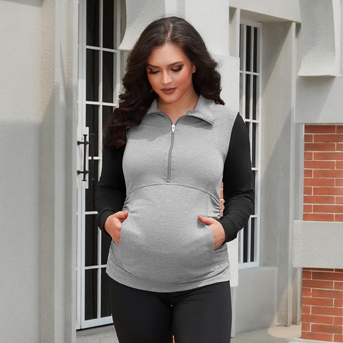 GINKANA Maternity Women's Long Sleeve Shirt Half Zipper Lapel Lightweight - Image 3
