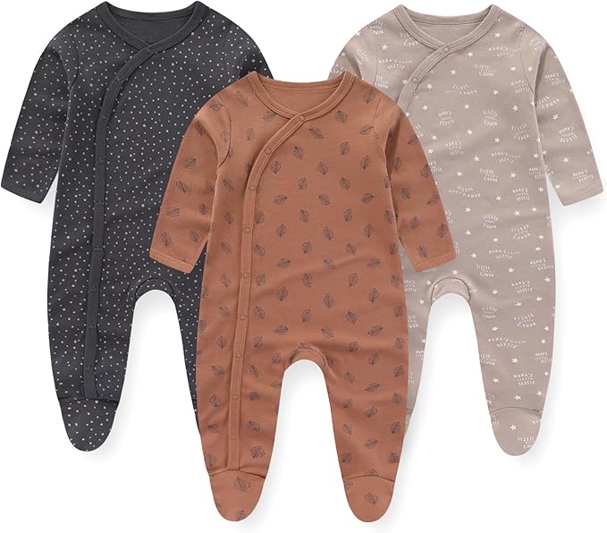 Unisex Baby Boy Girl Footies Rompers Cotton Long Sleeve 3 Pack Infant Jumpsuits by JELYLOVE