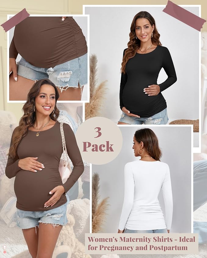 Ficerd 3 Pack Women's Maternity Shirts, Long Sleeve Side Ruched Pregnancy Tee - Image 3