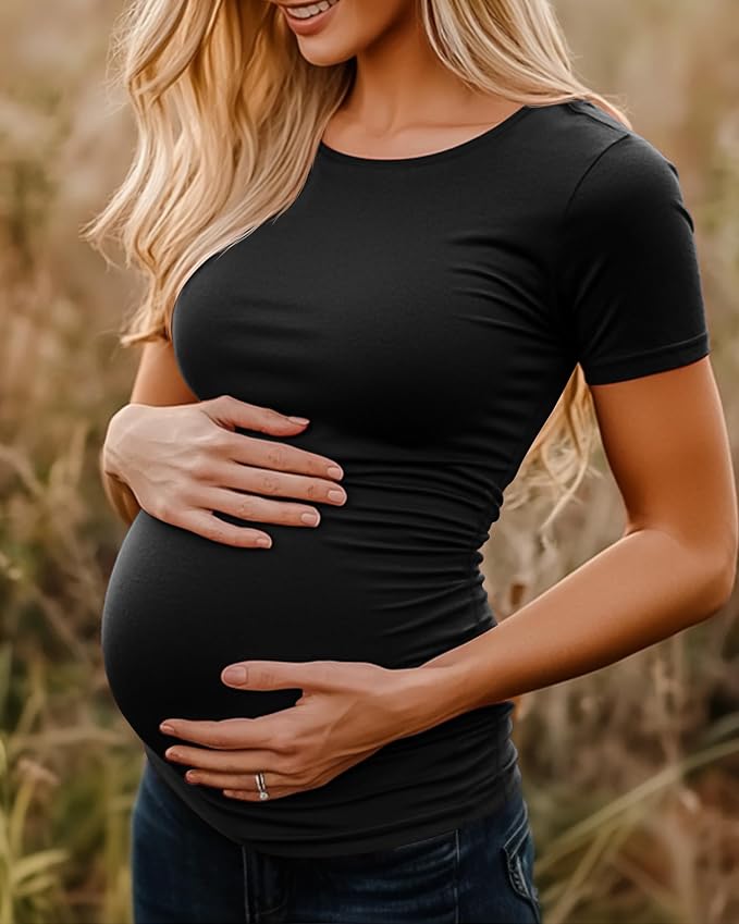 Huukeay 4 Pack Women's Maternity Shirts, Crew Neck Maternity Top Short Sleeve - Image 4