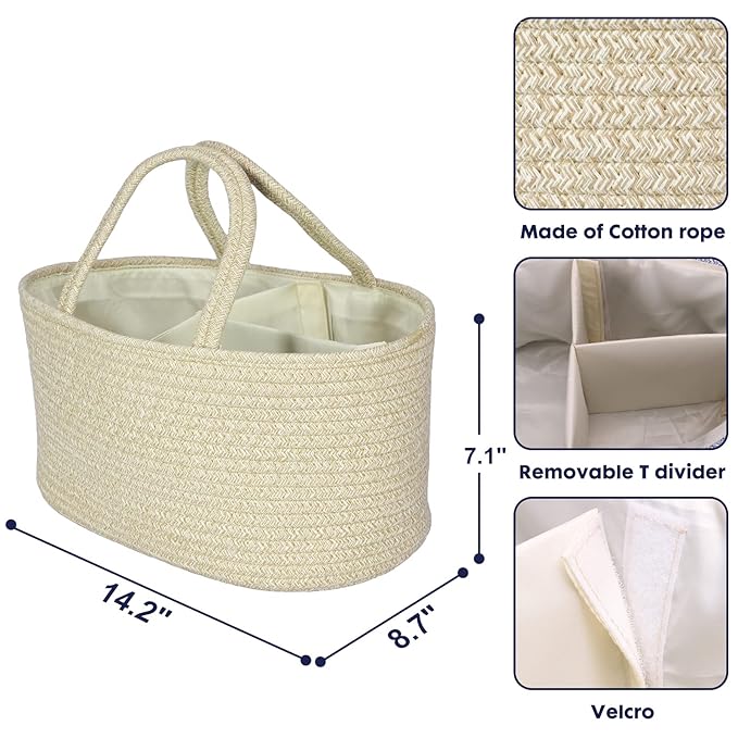Baby Diaper Caddy Organizer for Girl Boy Cotton Rope Nursery Storage Bin Basket - Image 3