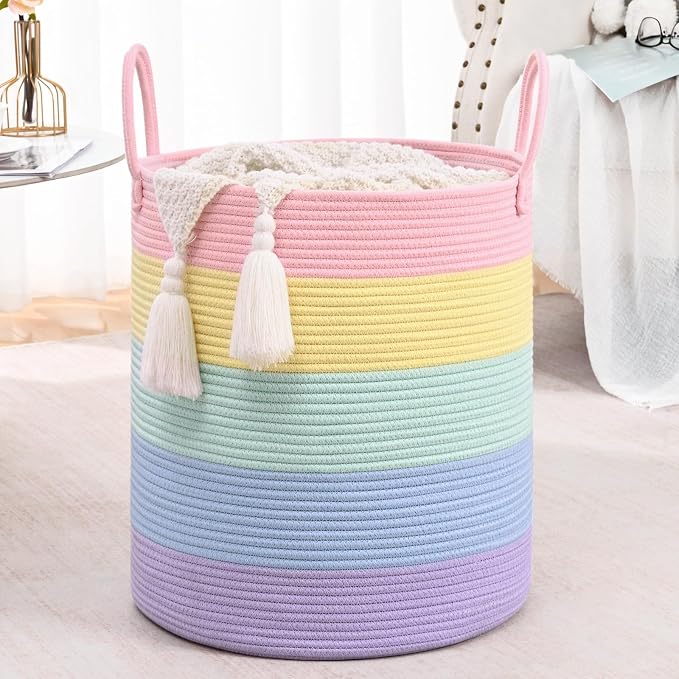 52L Rainbow Storage Basket for Organizing, Cotton Rope Woven Blanket Basket by Degeyoyo