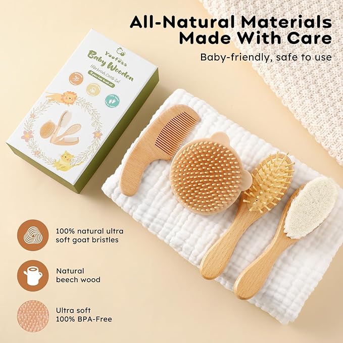 Yoofoss 4 Piece Baby Brush and Comb Set, Wooden Baby Brush - Image 4