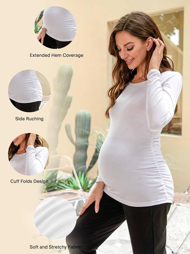 Ecavus Women's Maternity Shirts Long Sleeve Soft Stretchy Pregnancy Tops Side - Image 3