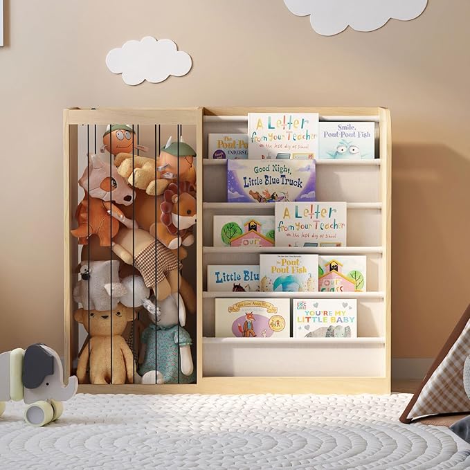 Natural Wood Kids Bookshelf & Stuffed Animal Net Holder Plush Toy Storage by HedoAjim