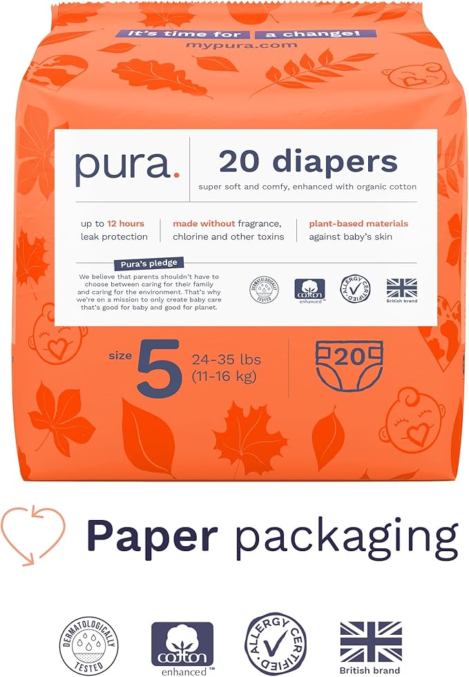 Pura Size 5 Eco-Friendly Diapers Totally Chlorine Free Hypoallergenic, Soft - Image 2