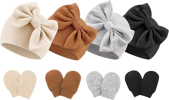BQUBO Newborn Baby Hats Mittens Set Hospital Hat Beanie Infant Bow Hats Baby by DRESHOW