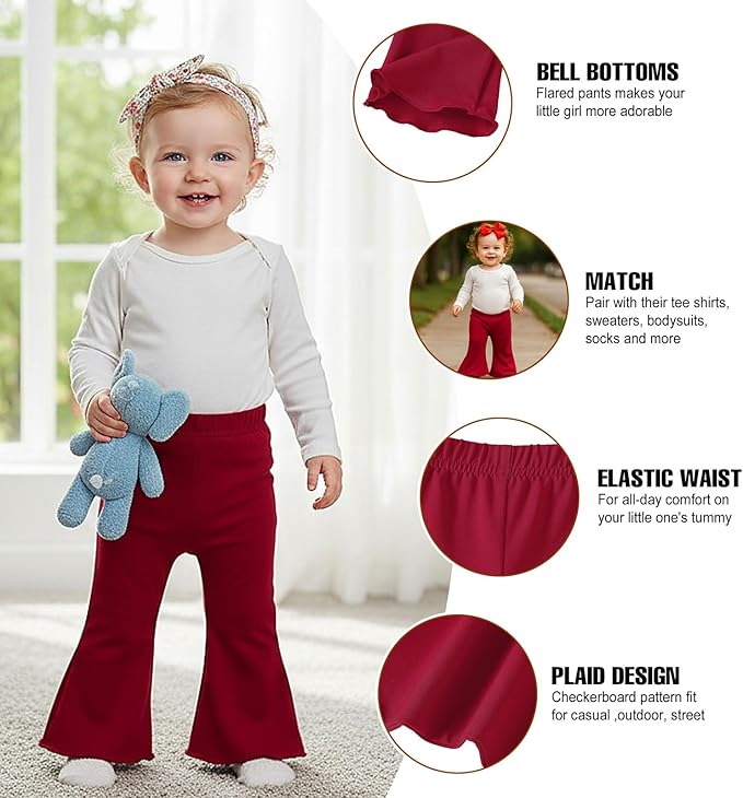 SOBOWO Checkered Baby Girl Flare Pants 3 Pack Toddler Bell Bottoms Plaid Ruffle - Image 3