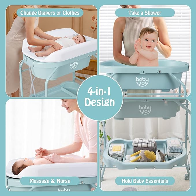 BABY JOY Baby Bathtub with Changing Table, Foldable Infant Diaper Changing - Image 2