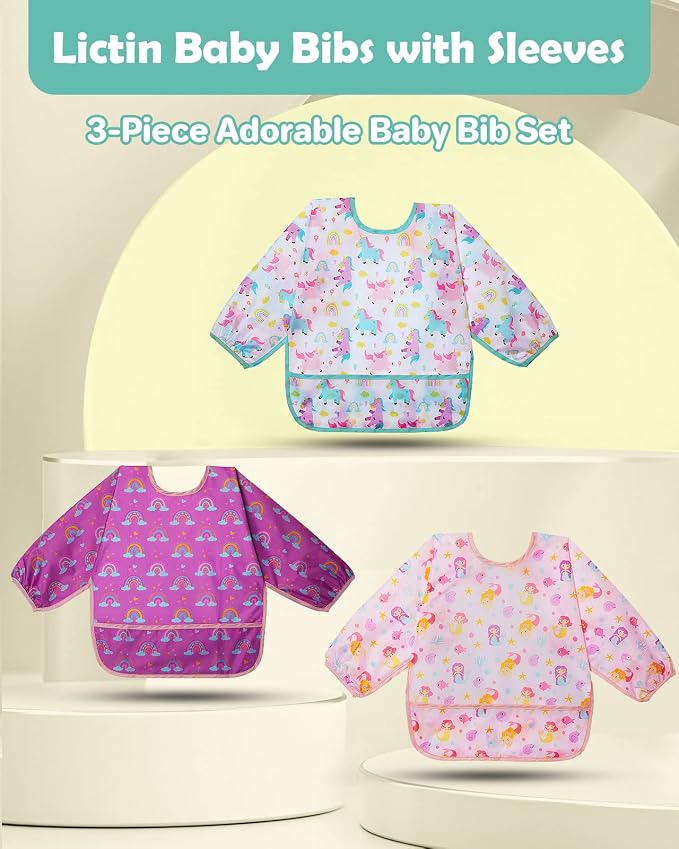 Lictin 3 Pack Baby Bibs for Boy or Girl, Cute Long Sleeve Bib, Waterproof Bibs - Image 2