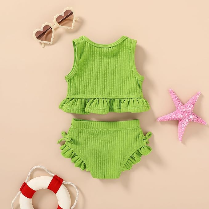 HAPPYMA Baby Swimsuit Toddler Girl Bathing Suit Summer Solid Color Bikini Set - Image 3